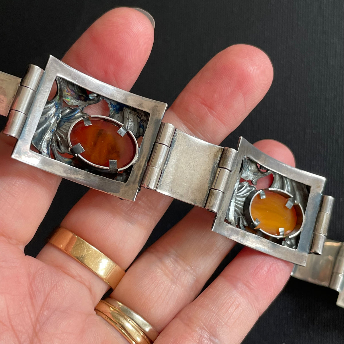 Natural Amber Antique bracelet bangle brooch sterling silver Danish design 60g #2373