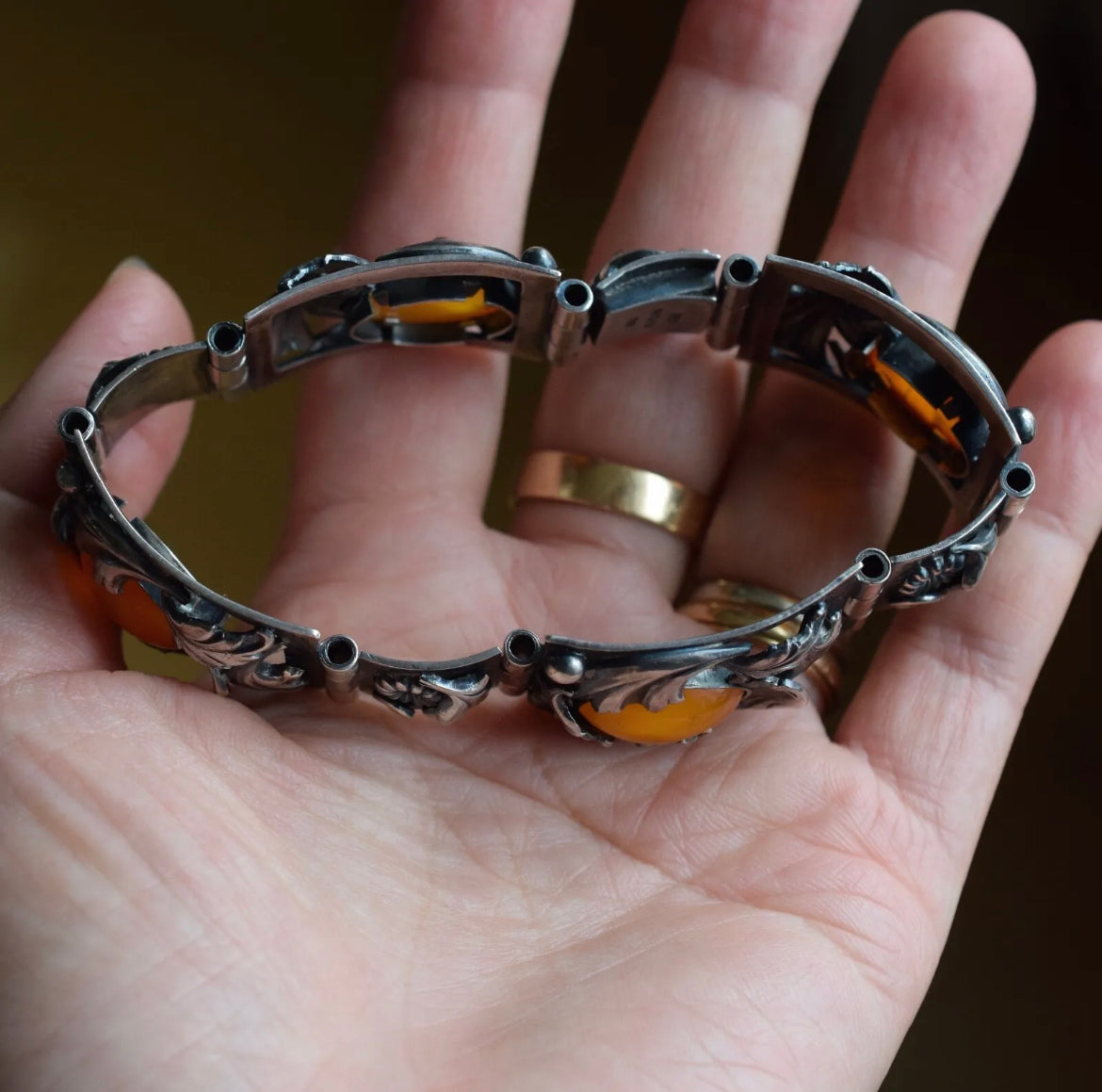 Natural Amber Antique bracelet bangle brooch sterling silver Danish design 60g #2373