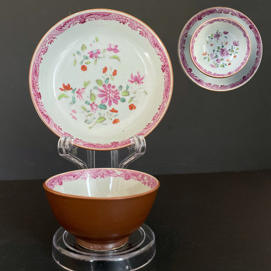 中国古董瓷器茶杯加茶托，巴达维亚棕釉，粉彩，18世纪 #1667