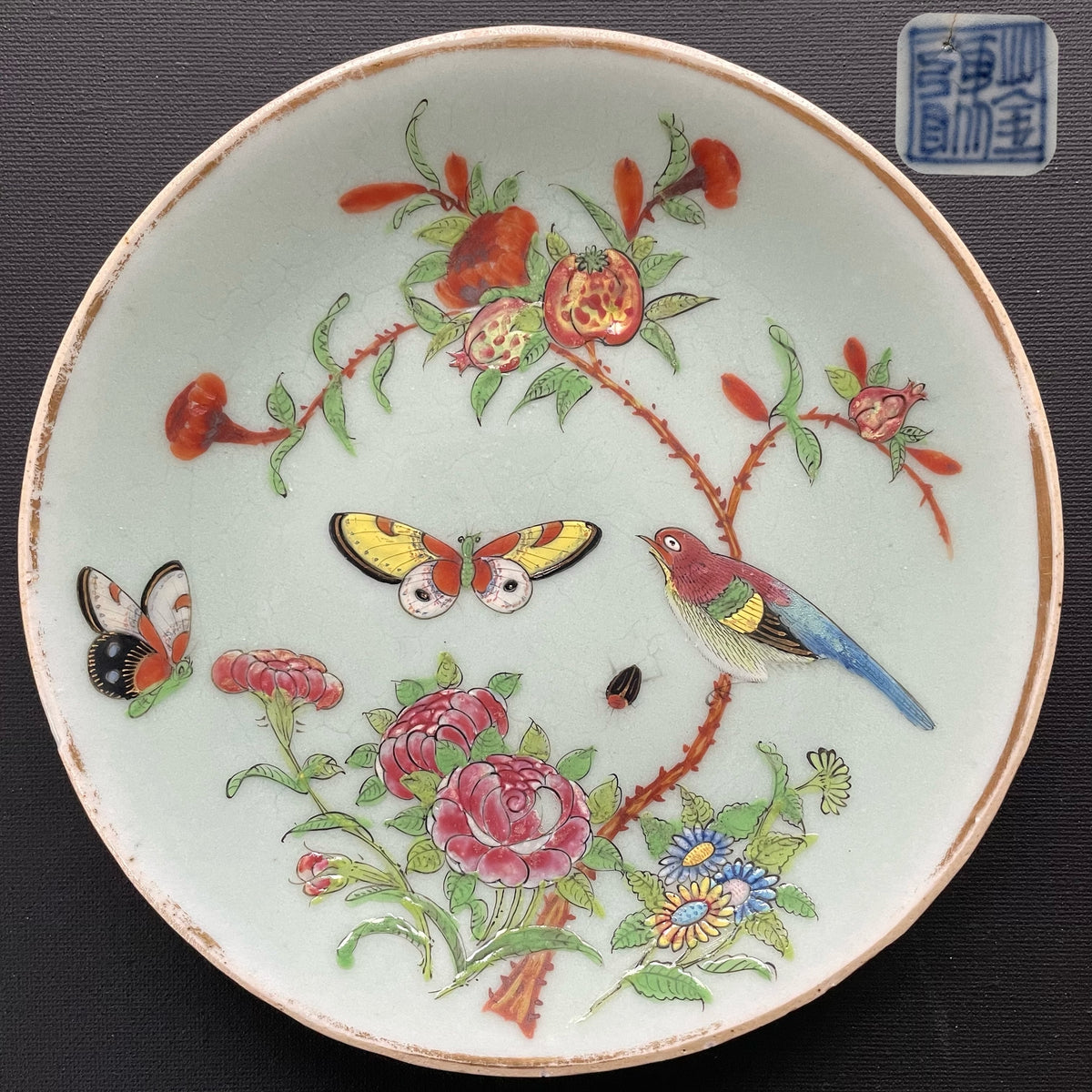 Chinese antique celadon canton butterfly and bird plate, 19th c #1707