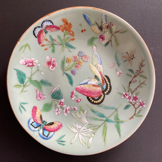 Chinese antique celadon canton butterfly plate, 19th c #1729