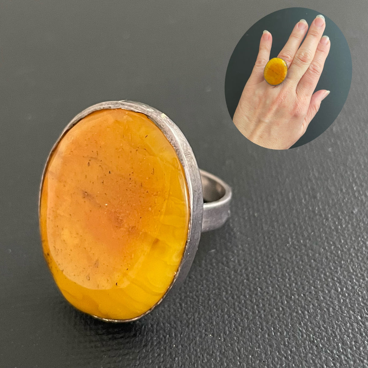 Vintage natural amber ring Danish design sterling silver #1750
