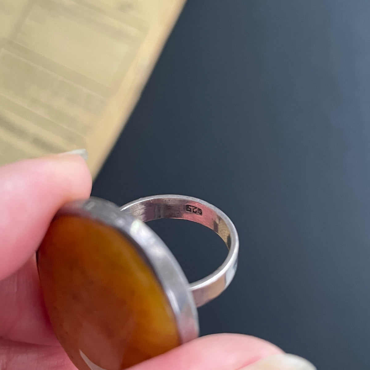 Vintage natural amber ring Danish design sterling silver #1750
