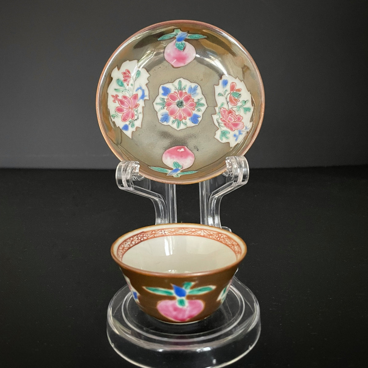 中国古董瓷茶杯及茶托，巴达维亚棕釉，雍正时期，18世纪 #1772