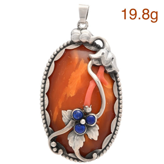 Natural Amber Antique Amber Pendant With Silver Egg Yolk Art Nouveau 1930 Sweden