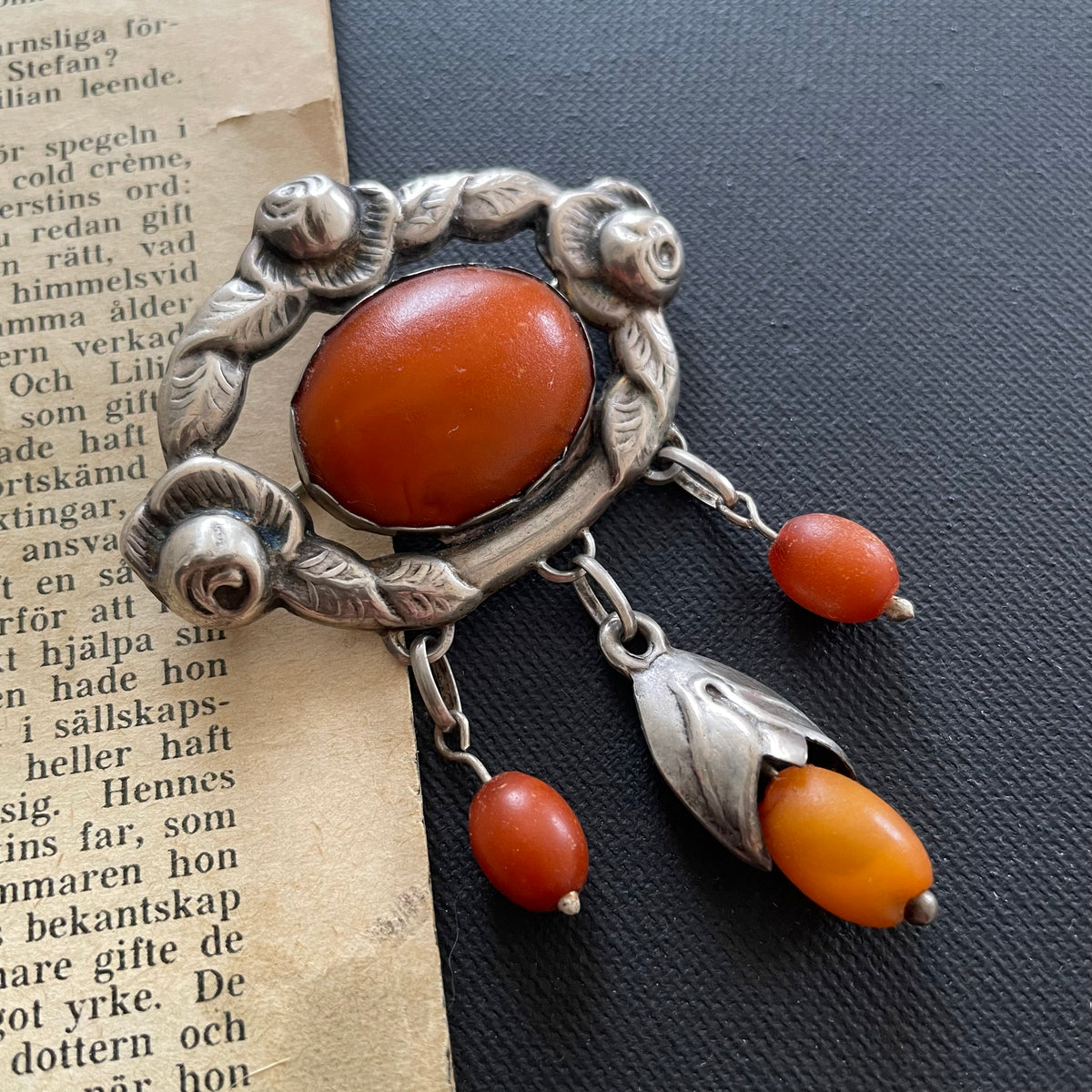Antique Natural Amber Brooch With Silver From 1920s Art Nouveau 14.6g #2533