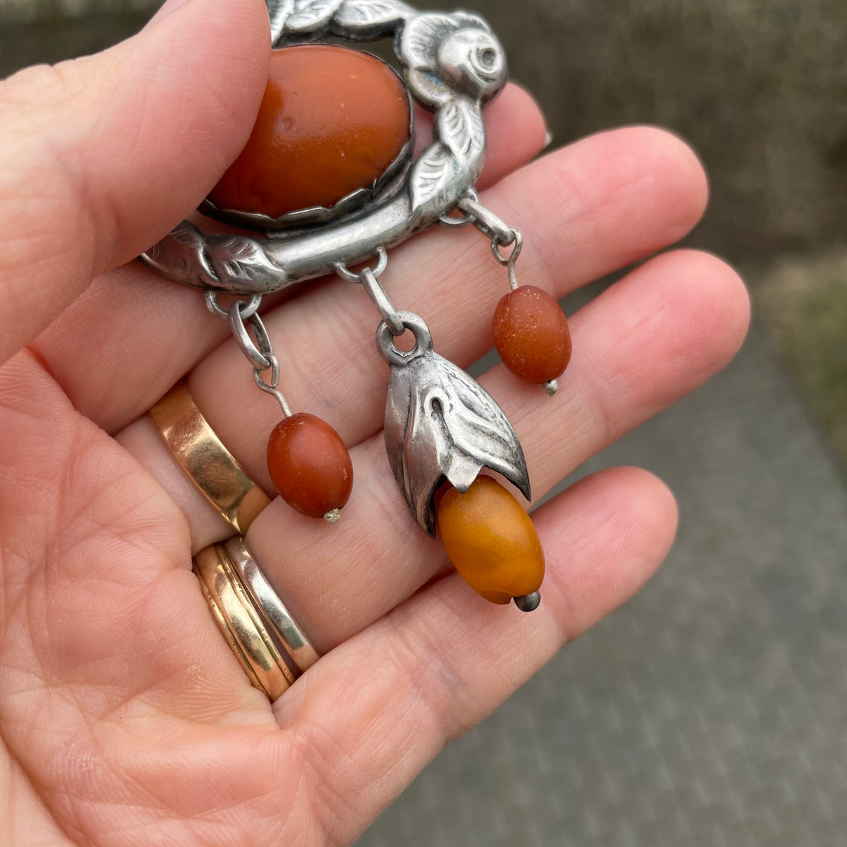 Antique Natural Amber Brooch With Silver From 1920s Art Nouveau 14.6g #2533