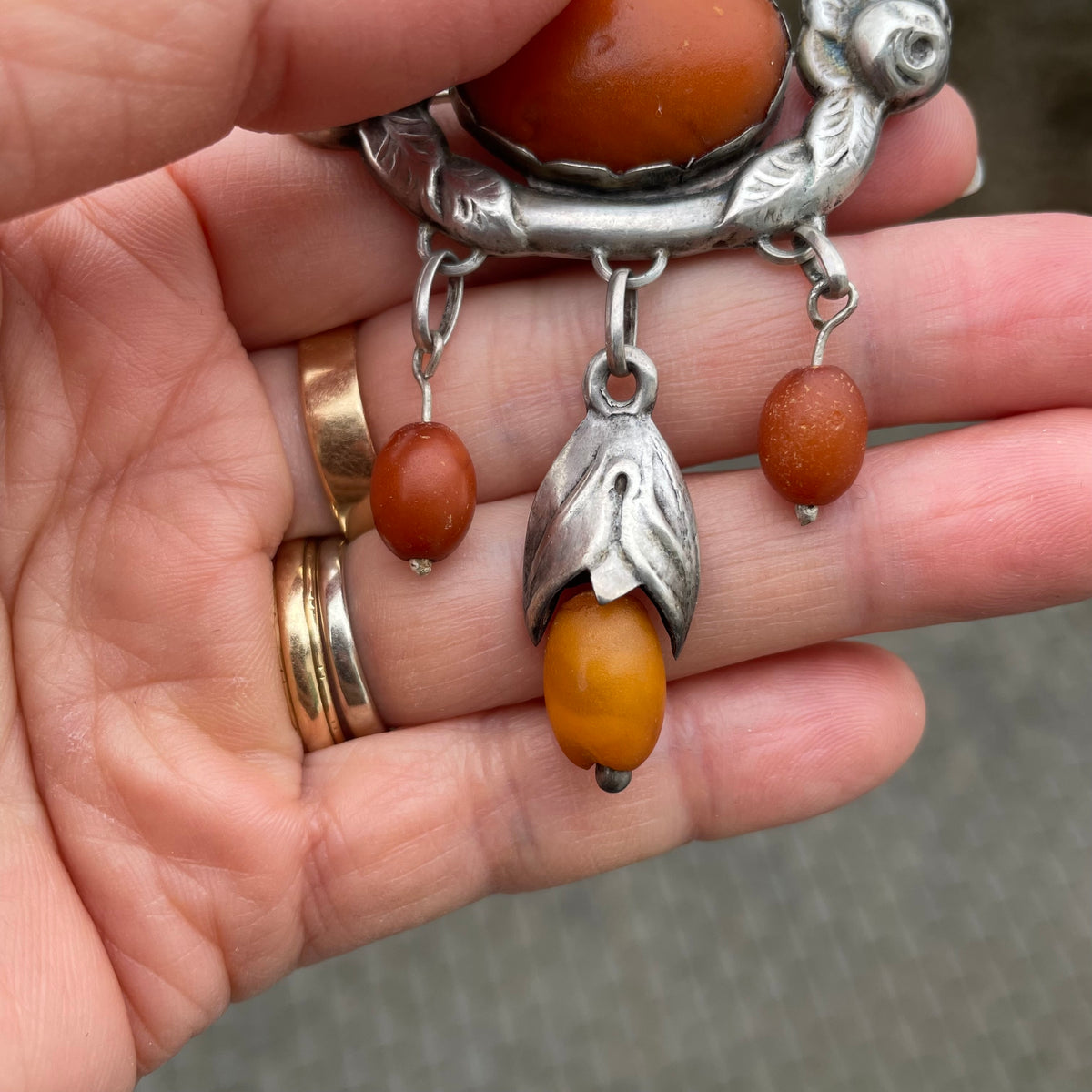 Antique Natural Amber Brooch With Silver From 1920s Art Nouveau 14.6g #2533