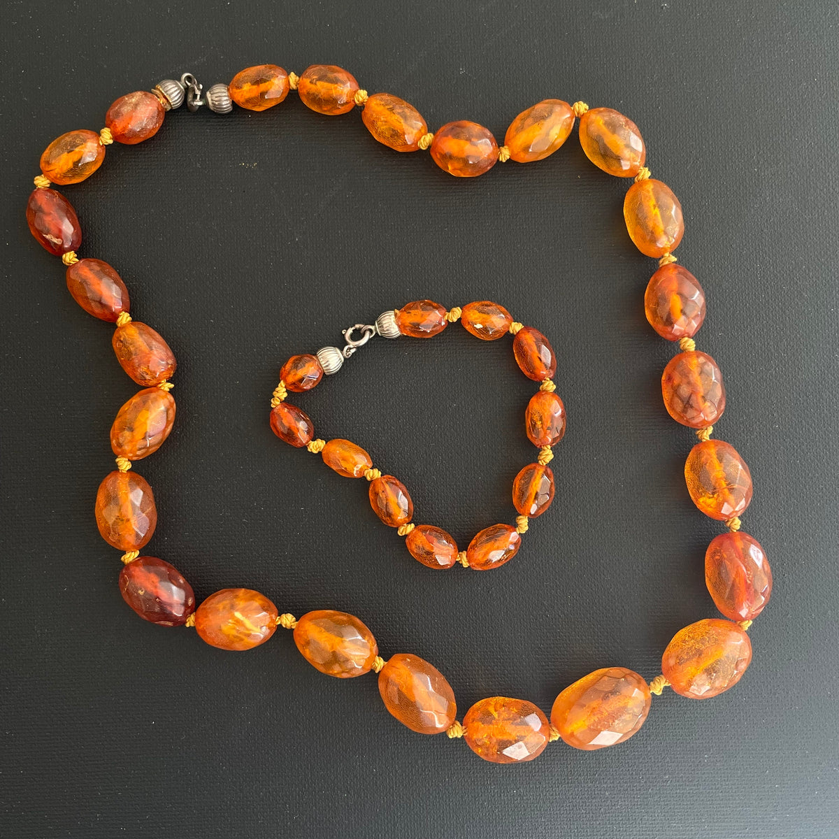 ANTIQUE NATURAL AMBER FACETED BEAD NECKLACE BRACELET FROM DENMARK 1950s #1866