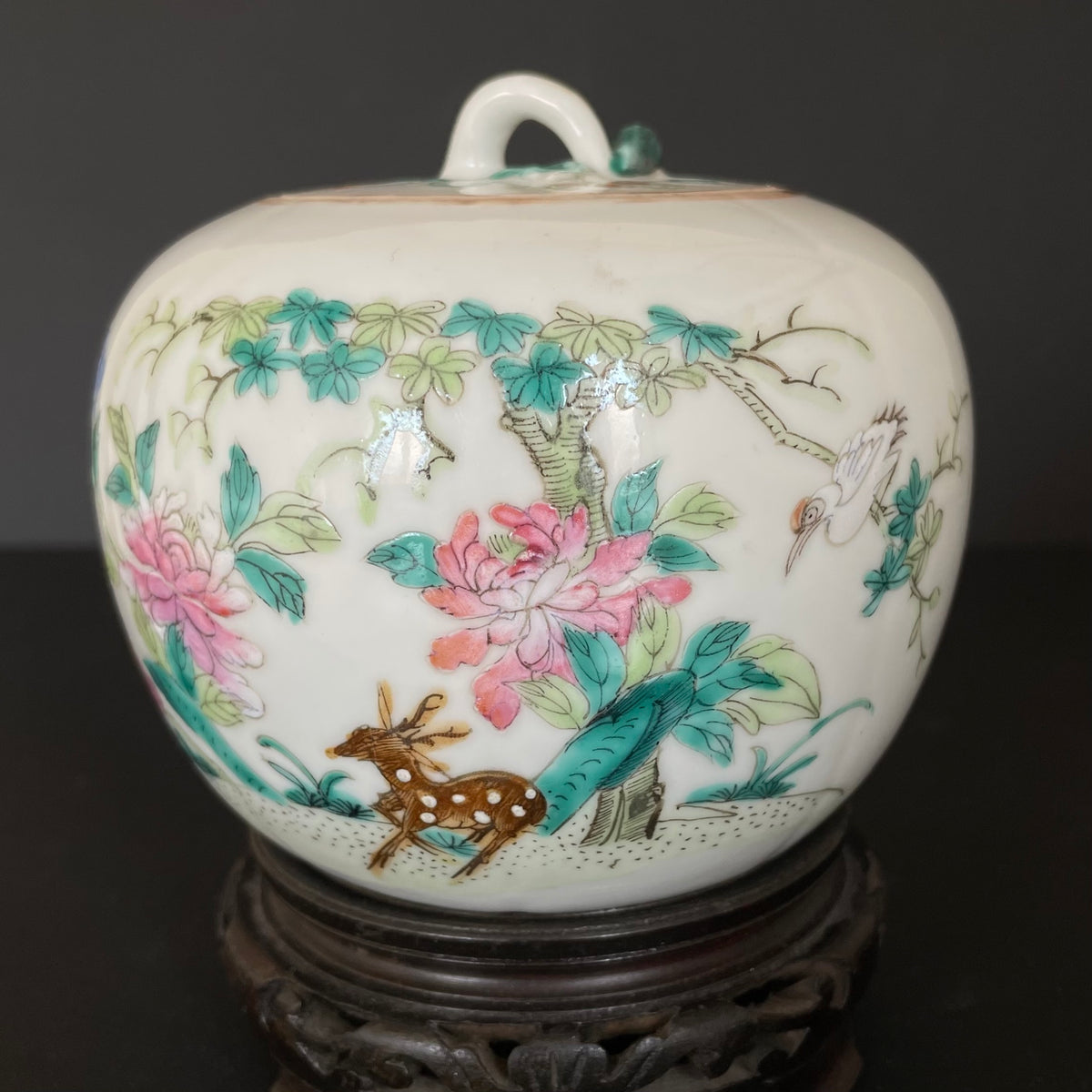 Chinese Antique Lidded Jar, 鹤鹿同春Late Qing #1890