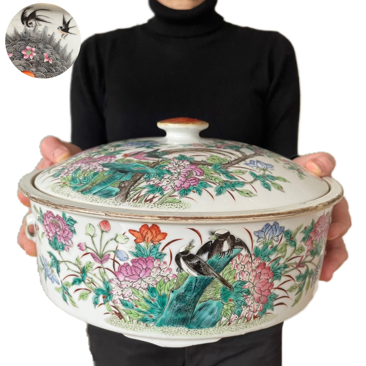 Large Chinese Antique porcelain Famille Rose bowl With Lid, Late Qing #1912