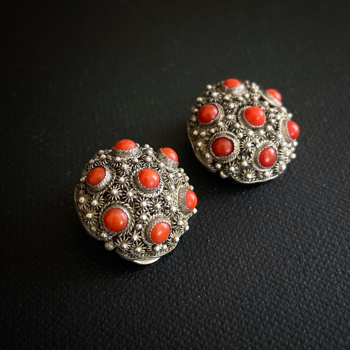 Vintage Chinese export filigree silver clip earrings with coral 50s #1937