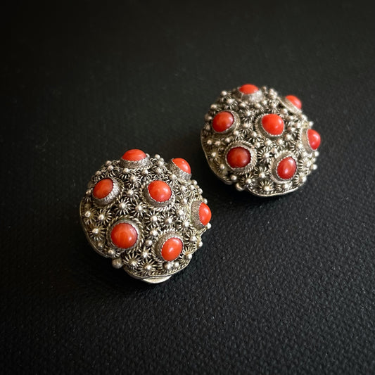 Vintage Chinese export filigree silver clip earrings with coral 50s #1937