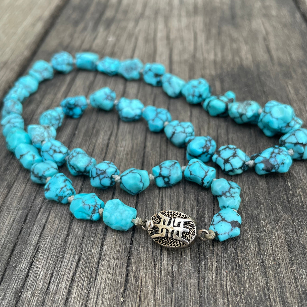 50's Vintage Chinese export to Sweden TURQUOISE necklace silver clasp 43g