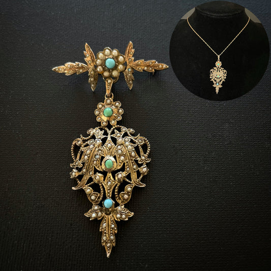Antique handmade gilded silver brooch / pendant with pearl and turquoise #1971