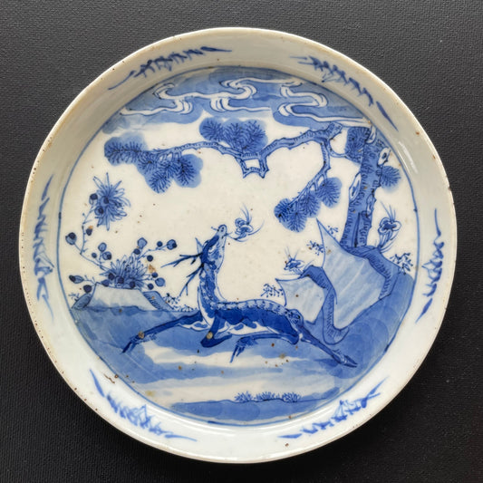 中国清代十九世纪青花松鹿灵芝纹茶托 #1987