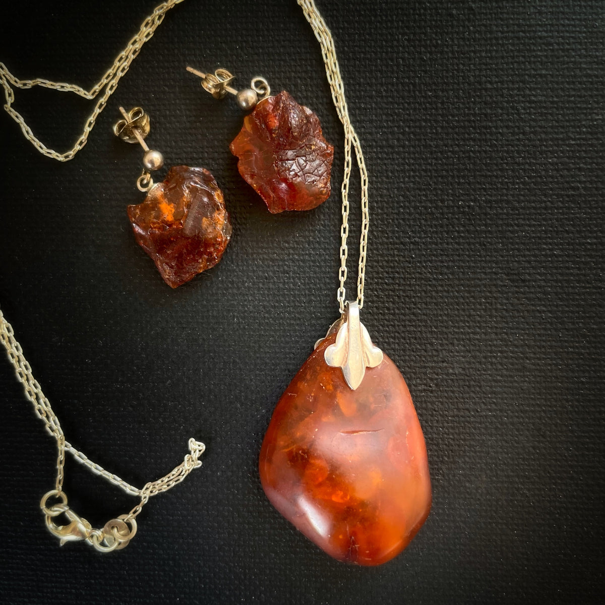 Vintage natural amber pendant with silver necklace and earrings jewelry set #2031