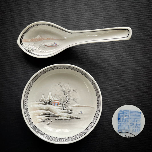 Chinese vintage soya dish and spoon with snow landscape