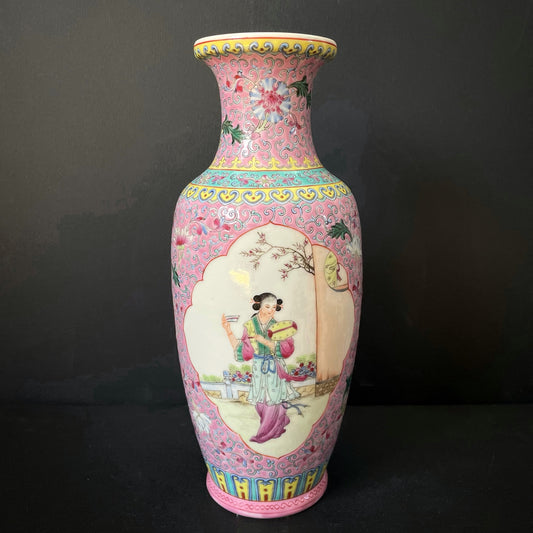 中国复古粉彩花瓶“西厢记 - 红娘传书”，1950-1970年代 #2092