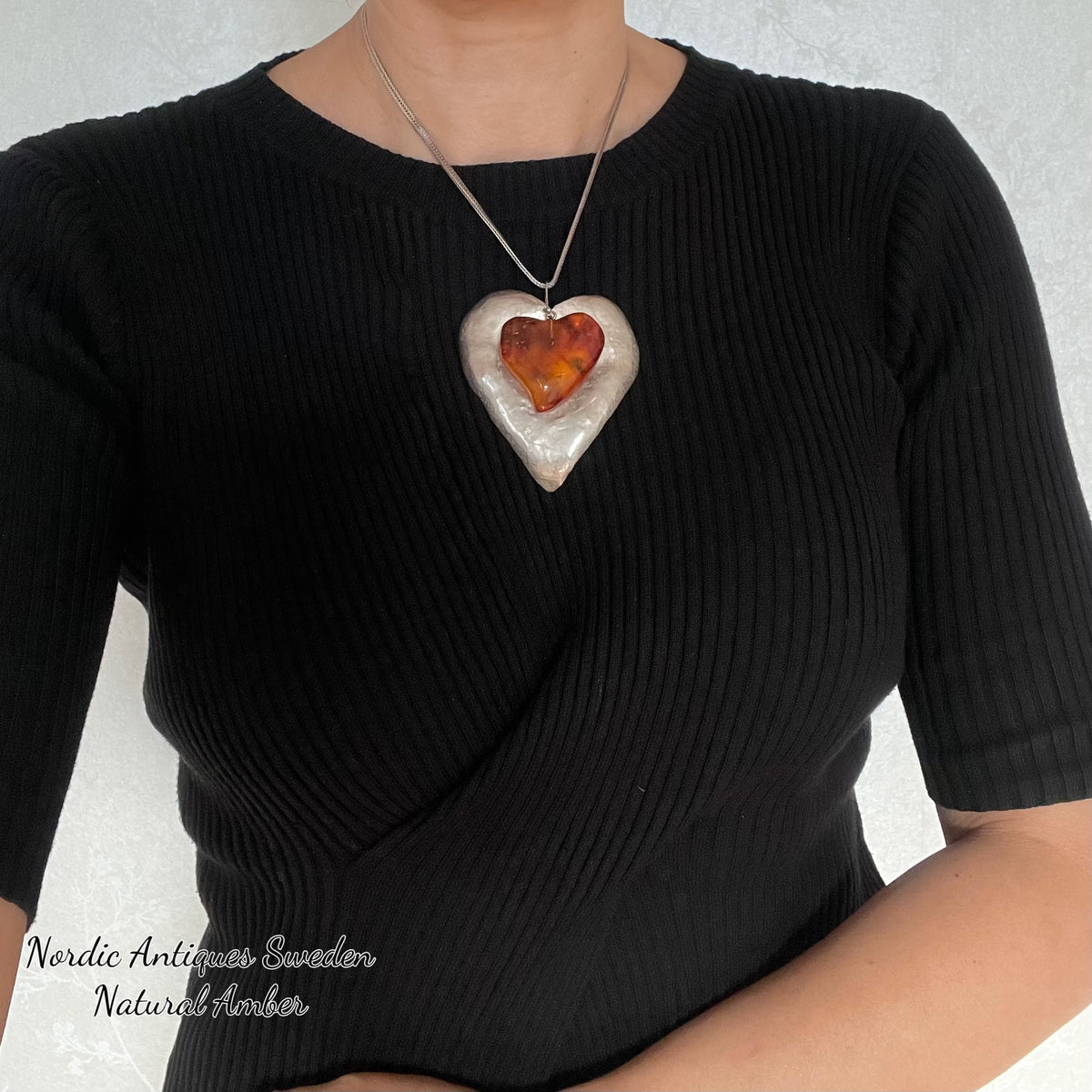 Unique Scandinavian design sterling silver pendent heart with baltic amber huge