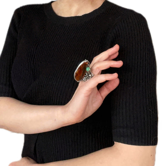 Huge handmade silver ring with natural amber and agate unique design 23g