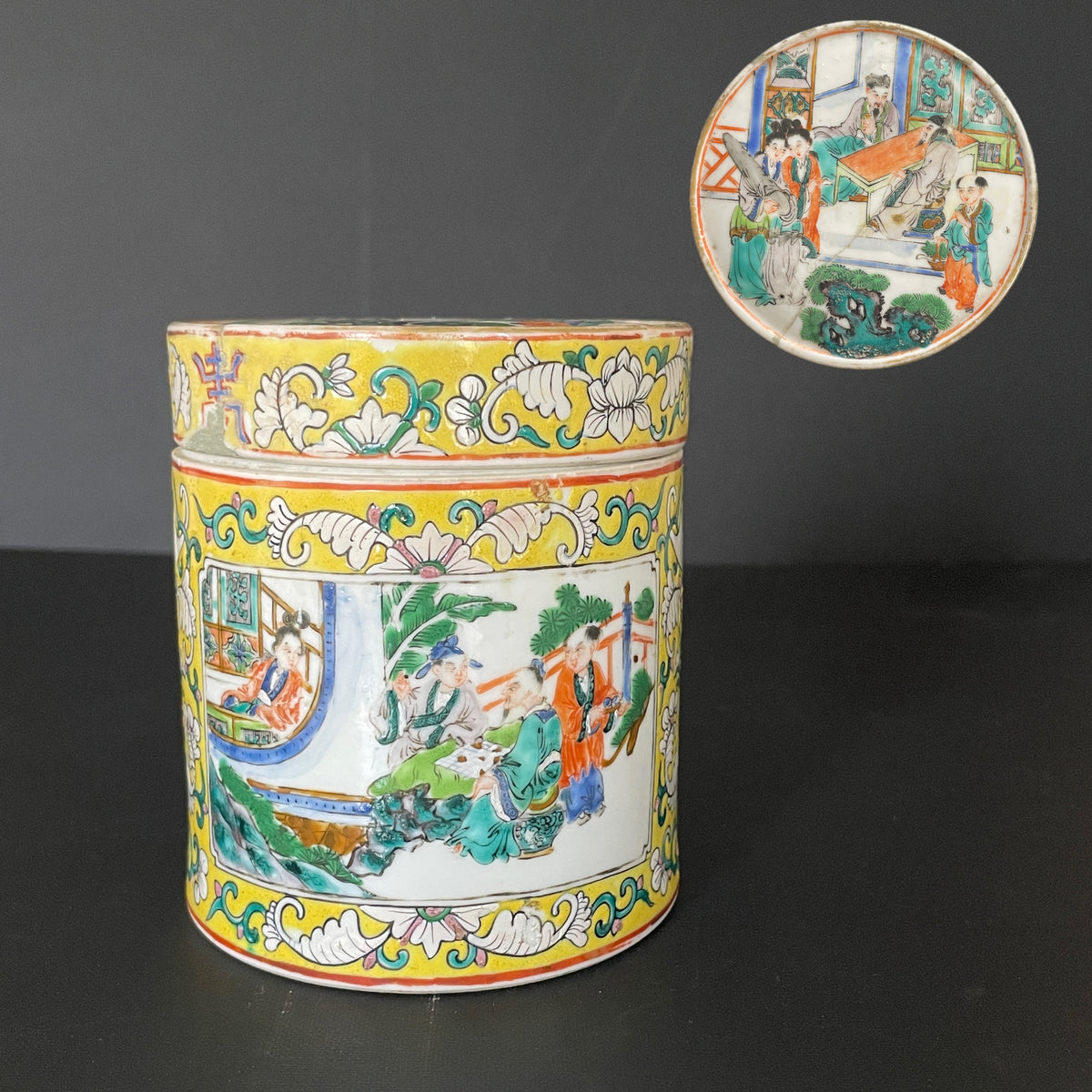 Chinese antique yellow ground cylindrical lidded box, 19th century #2295