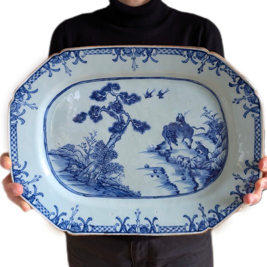 Chinese antique platter in underglazed blue and white with buffalos and herding boy 18th c #2317