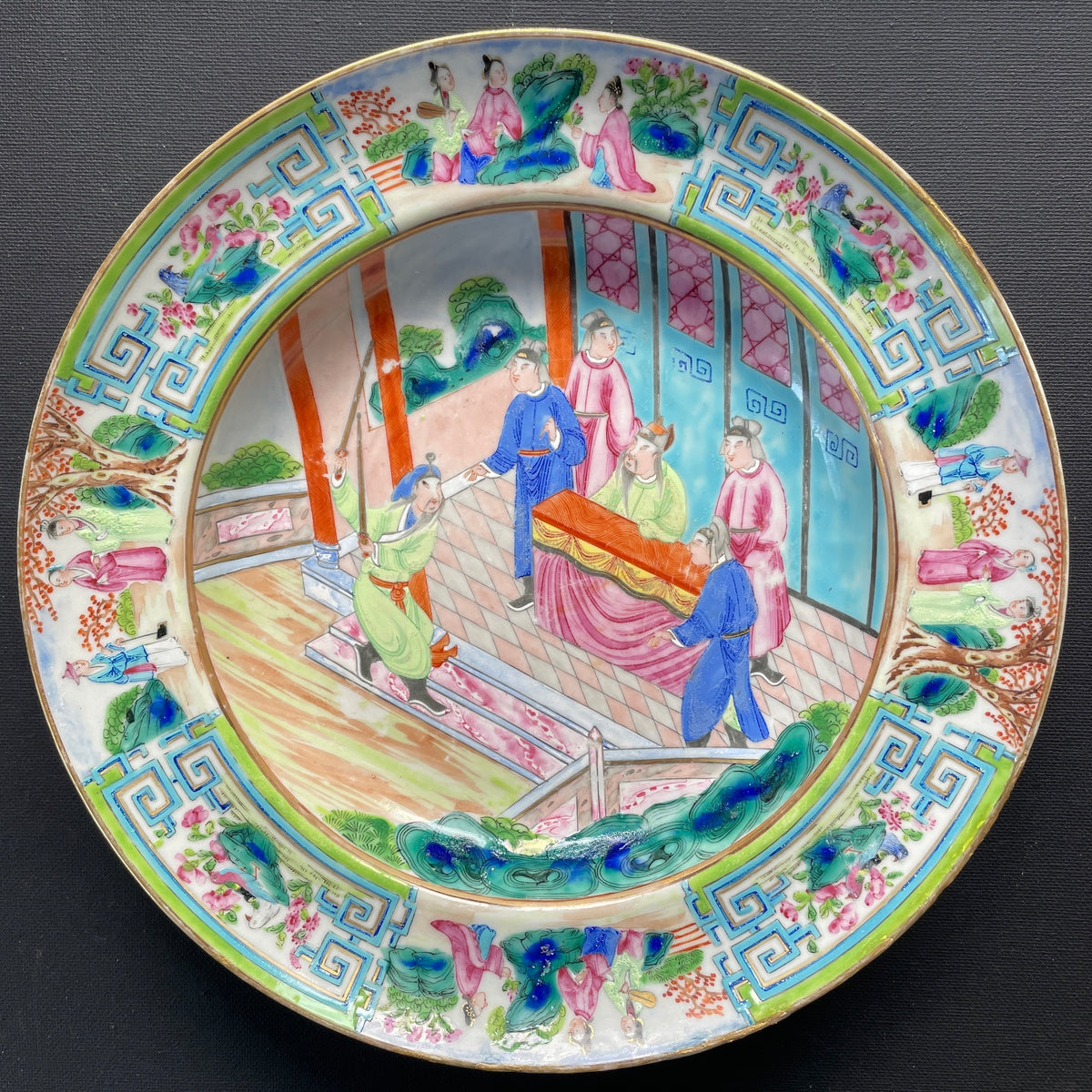 Chinese Antique Rose Mandarin Porcelain Plate, 19th c #2318