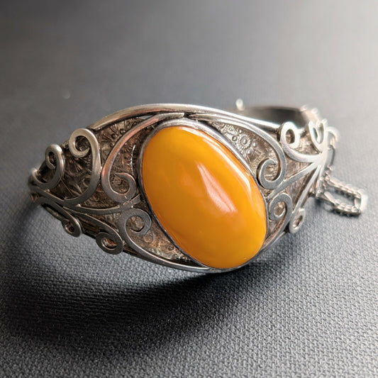 Large vintage Natural amber bracelet bangle handmade with 925 silver egg yolk butterscotch 33g #2522