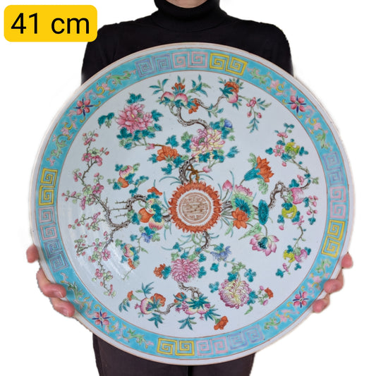 A large Chinese antique famille rose charger with flowers and fruit trees ,Tongzhi / Guangxu #2553