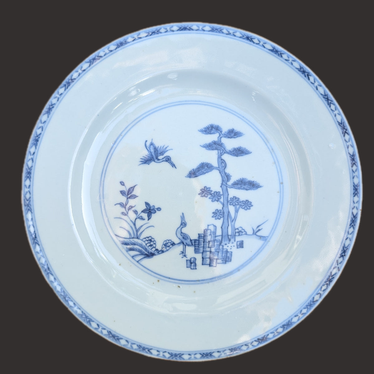 Chinese antique blue and white porcelain plate, Qianlong, 18th c #2655 松鹤延年