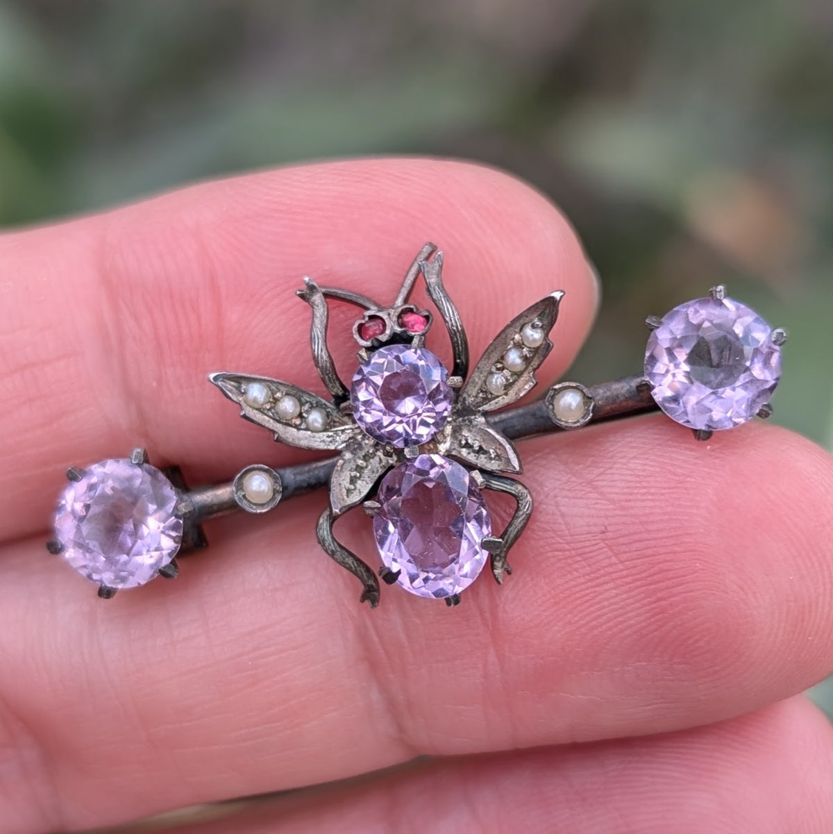 Antique Victorian / Edwardian sterling silver brooch amethyst pearl Insect/ Bug #2615
