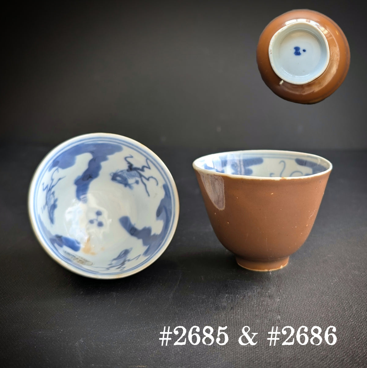 十九世纪巴达维亚窑变酱釉青花瓷茶杯一对 #2685, 2686