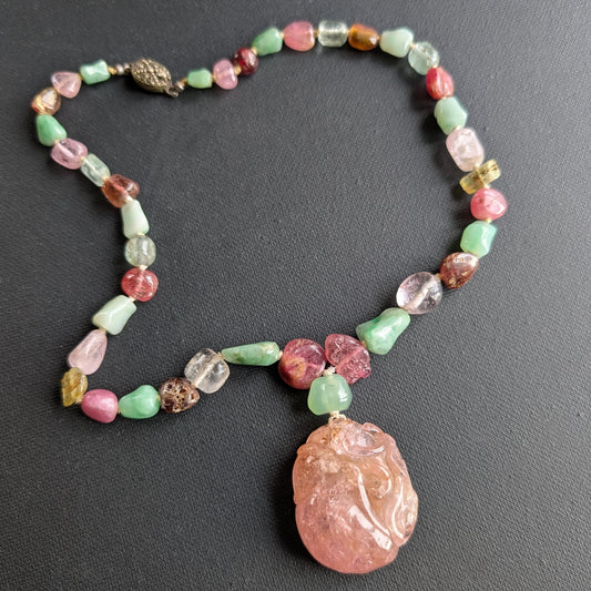 Vintage Chinese hand-carved mixed stones necklace, Mid 20th c, #2733