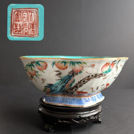 Chinese antique altar bowl, 19th c, Tongzhi M&P  鹤献桃 #2769