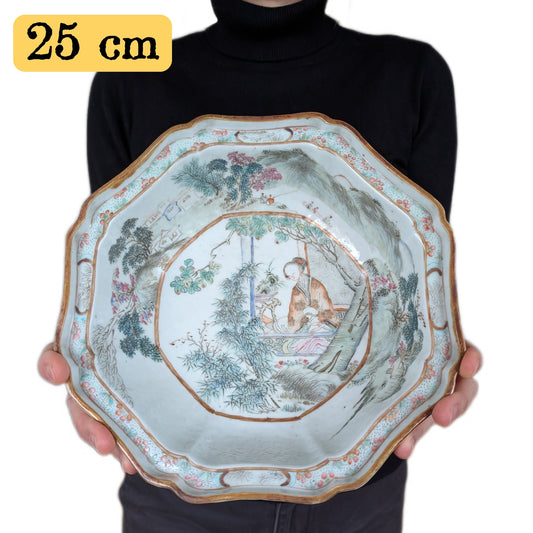 Chinese antique octagonal big bowl with figure landscape scenes decoration, 19th century #2781