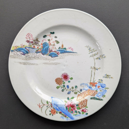 Chinese antique famille rose plate with landscape scenes, Qianlong period #2809