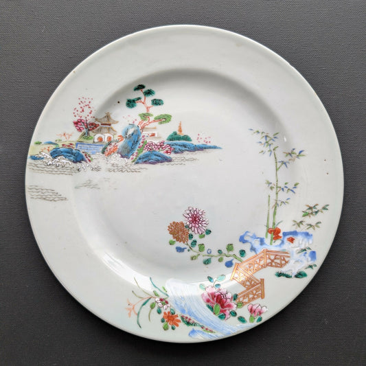 Chinese antique famille rose plate with landscape scenes, Qianlong period #2808