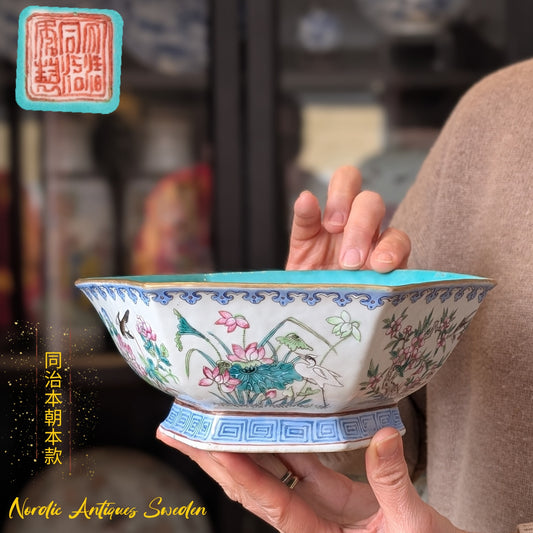 Chinese antique altar bowl with seasonal flowers and birds, Tongzhi Mark & Period #2826