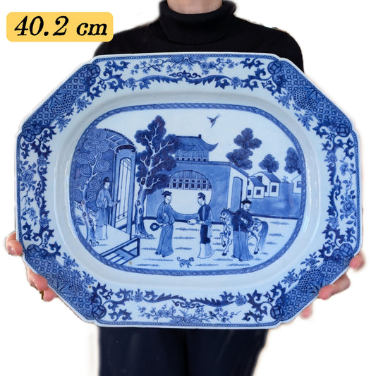 Antique Chinese Blue and White platter with a horse and mandarin, Qianlong period #2832