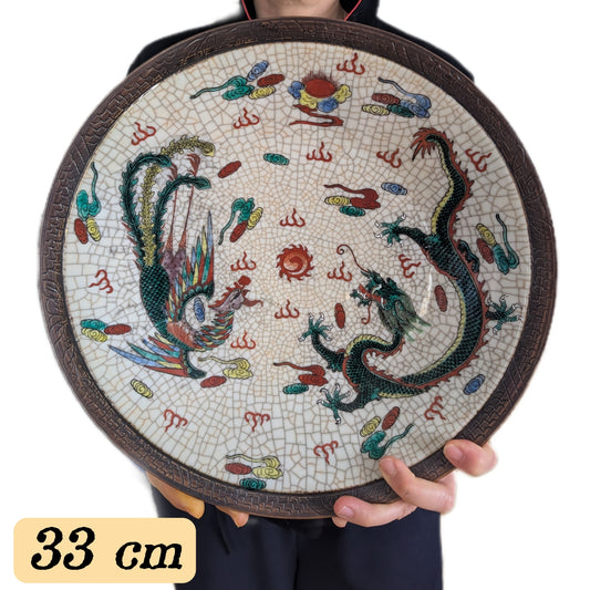 Large vintage Chinese porcelain charger dragon and phoenix Nanjing / Nanking Crackle ware #2861
