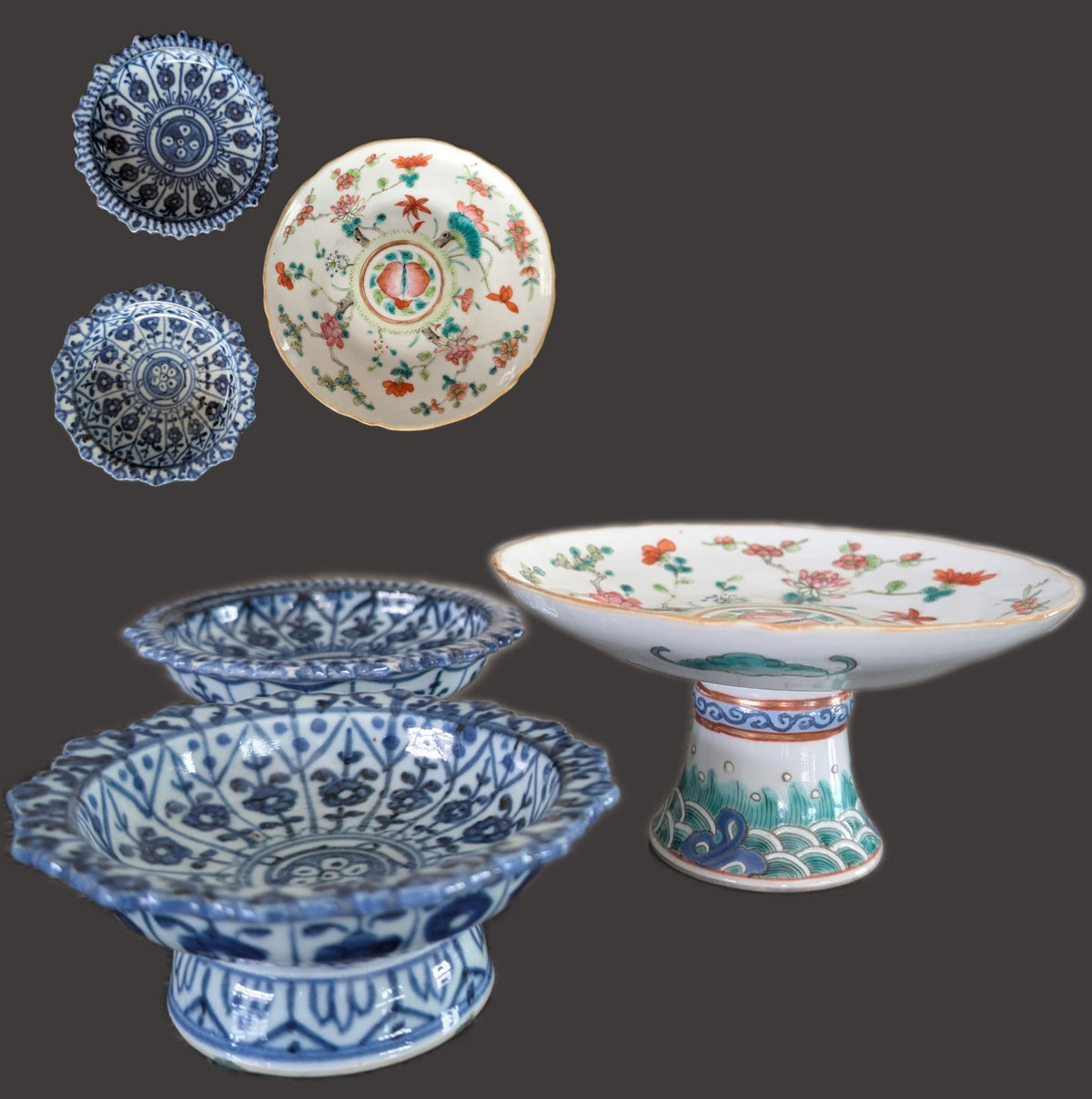 3 Chinese antique altar bowls on foot / tazza, Late Qing #3017, 3018, 3019