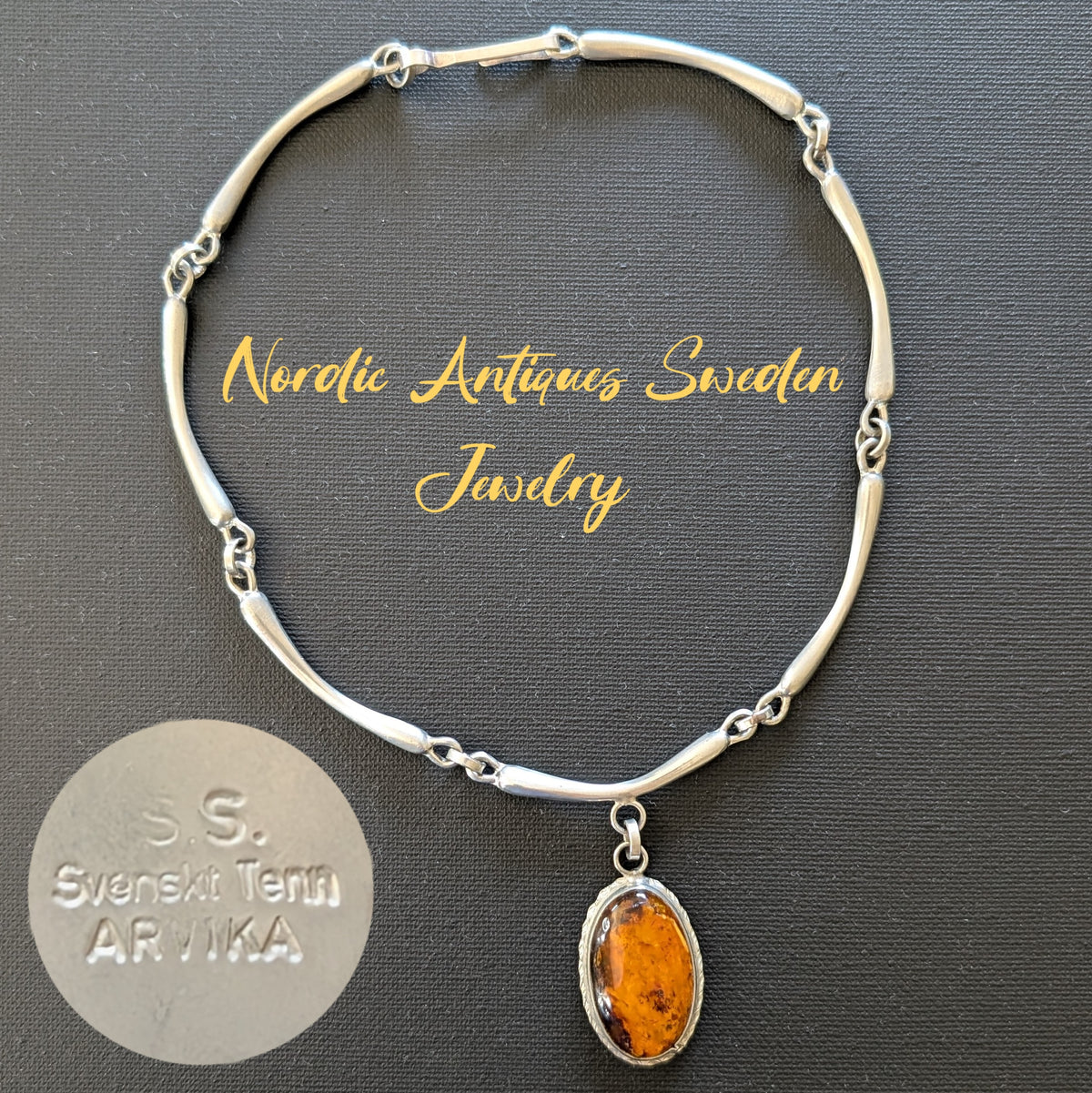 Unique Scandinavian design pewter necklace with Baltic amber #2950