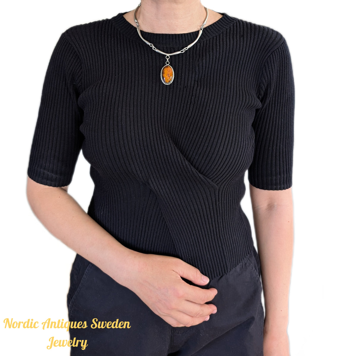 Unique Scandinavian design pewter necklace with Baltic amber #2950