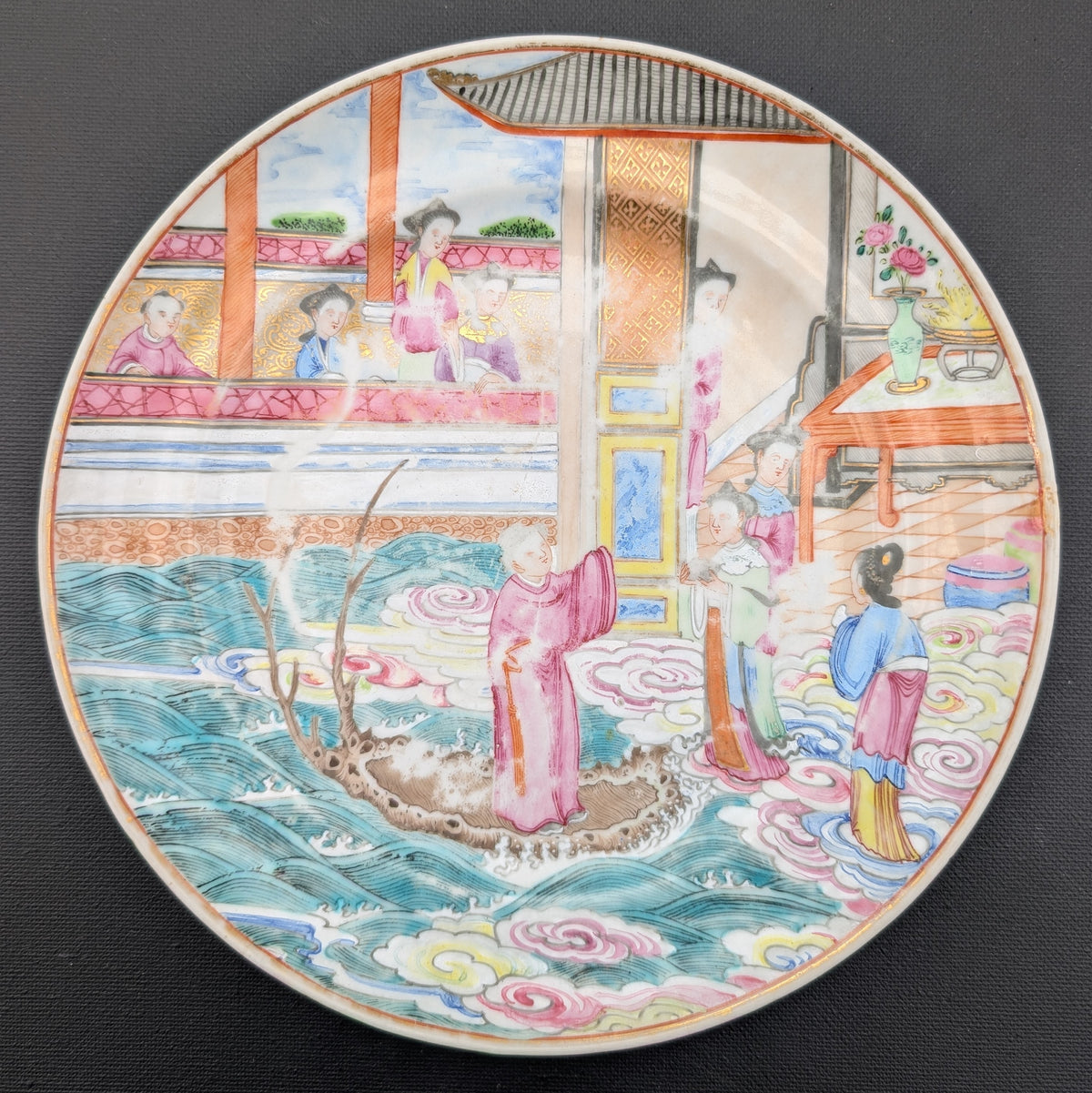 Chinese antique rose mandarin plate, 张骞乘槎赴天河, Jiaqing period #3038