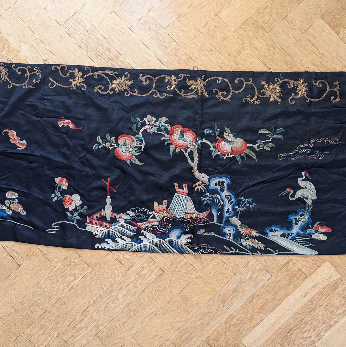 Chinese Antique silk embroidery with peaches and cranes, Qing Dynasty #2836