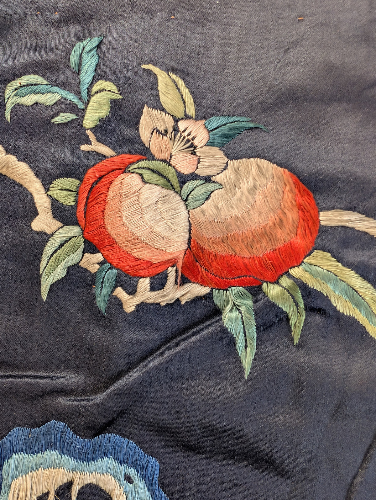 Chinese Antique silk embroidery with peaches and cranes, Qing Dynasty #2836