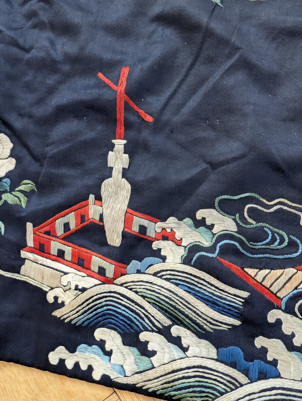 Chinese Antique silk embroidery with peaches and cranes, Qing Dynasty #2836