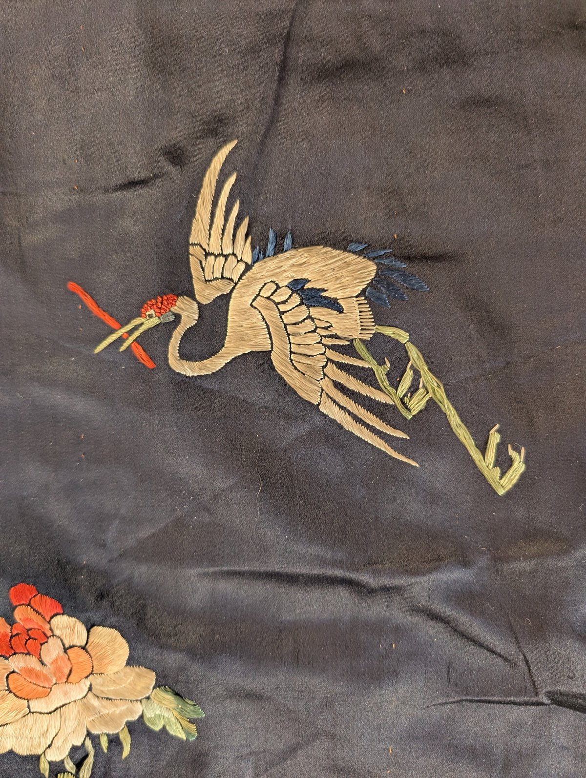 Chinese Antique silk embroidery with peaches and cranes, Qing Dynasty #2836