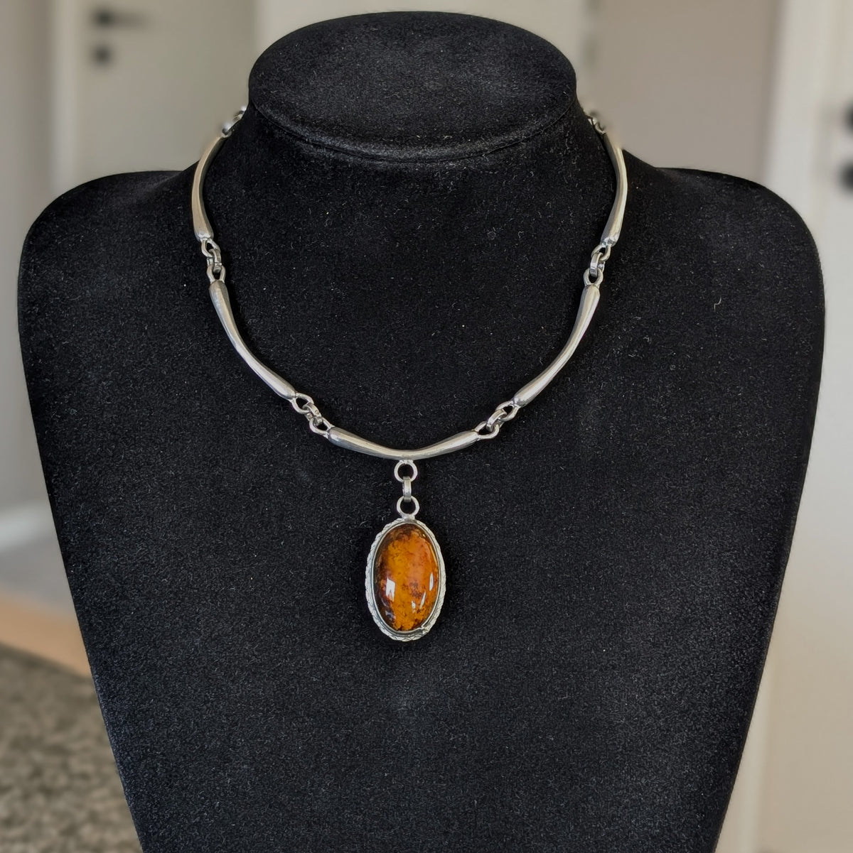 Unique Scandinavian design pewter necklace with Baltic amber #2950